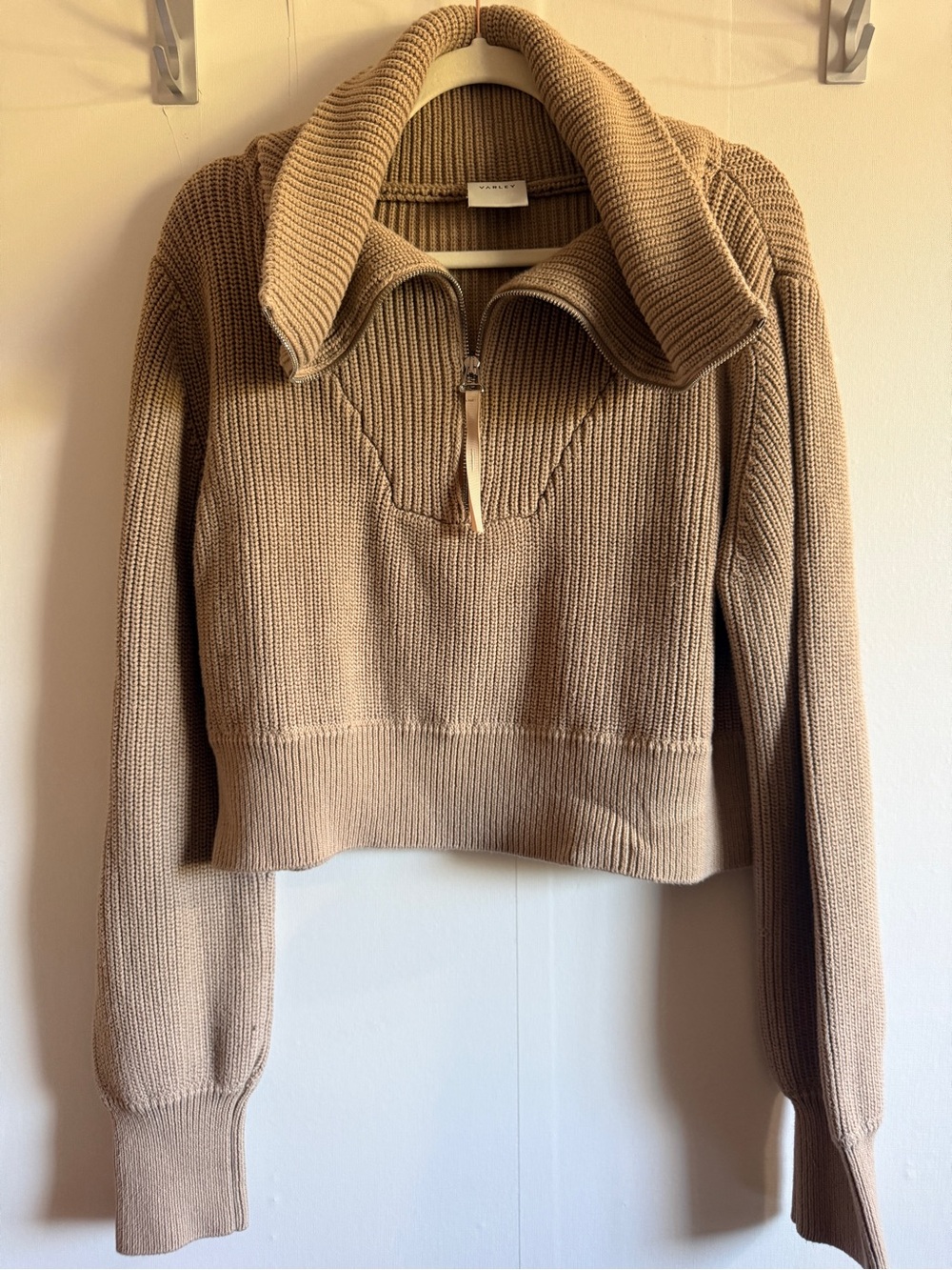 Varley Large Taupe Cotton Ribbed Half Zip Cropped Sweater Funnel Neck